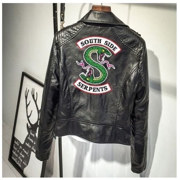 

bts print logo southside riverdale serpents pink/black pu leather jackets women riverdale serpents streetwear leather brand coat, Black;brown