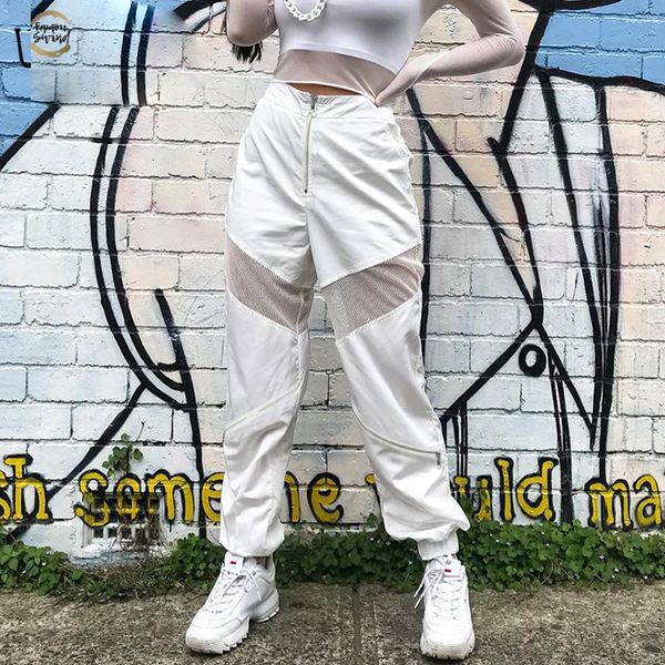

high waisted trousers women white loose harem pants hollow out patchwork mesh zipper sweatpants women casual joggers, Black;white