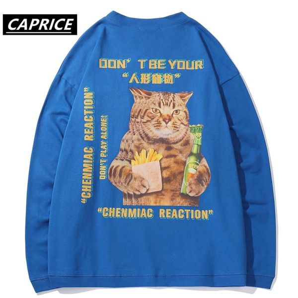 

caprice 2019 japanese style sweatshirts mens autumn harajuku streetwear cat letter printed long sleeve casual cotton pullover, Black