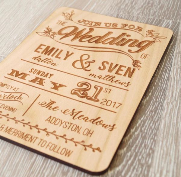 

wedding invitation, rustic wooden wedding invitation, real wood invite, laser engraved your choice of wood
