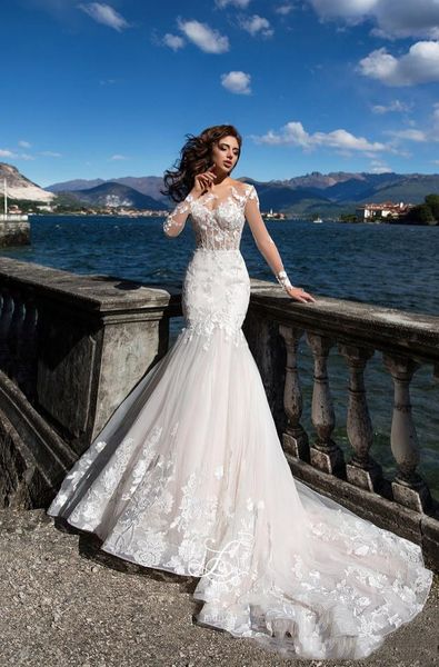 

lussano летние свадебные платья 2020 sheer длинные рукава см через аппликациями sweep поезд свадебное платье с кнопки назад покрытый md027, White