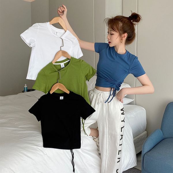 

ts0101yd82 printed drawstring t-shirt women's short navel pure cotton round coat t-shirt collar slim high waist short sleeve top, White