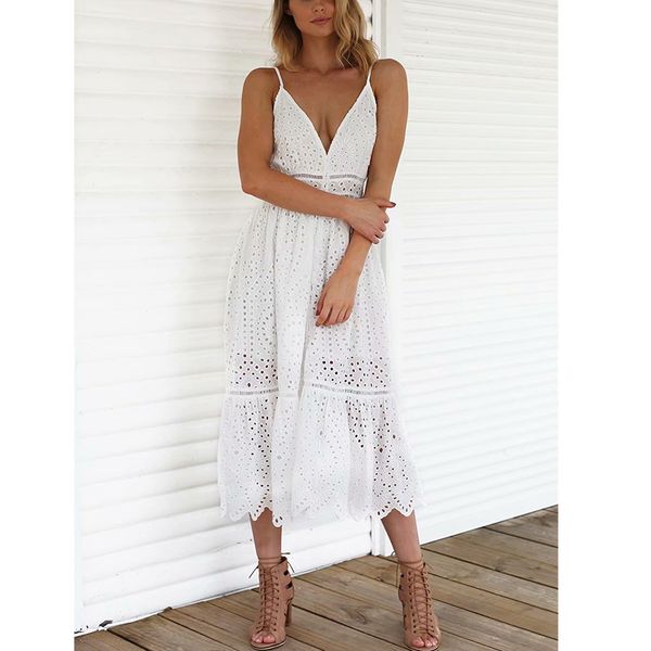 

ordi2019 summer women white lace long dress spaghetti strap embroidery maxi tunic beach dress, Black;gray