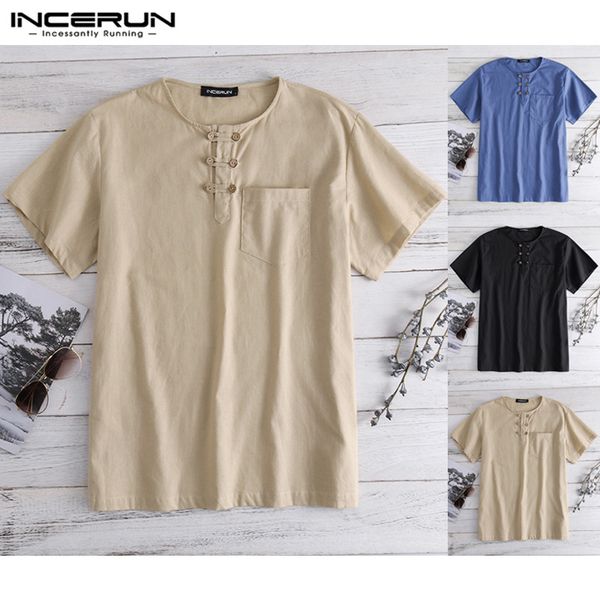 

incerun vintage casual men shirt button short sleeve solid color pockets loose retro cotton shirt men clothes camisa 2019, White;black