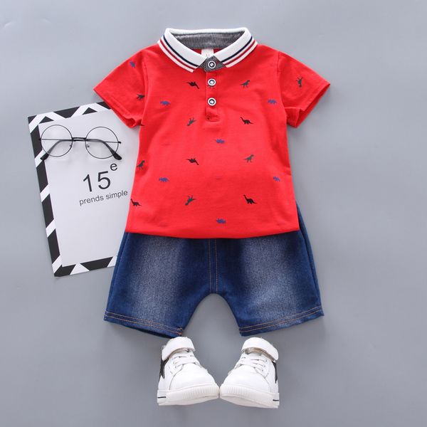 

2pcs/set 2019 summer children baby boys casual short sleeve dinosaur print t-shirt +denim shorts costume set, White