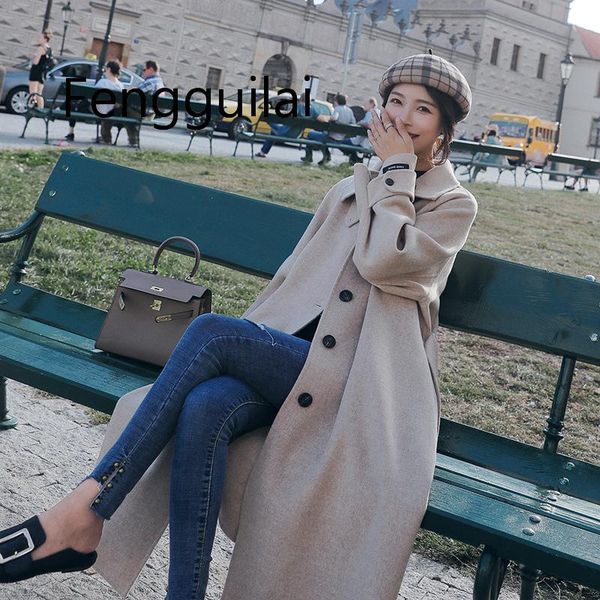 

winter cashmere coat 2020 new hepburn style woolen women coat long section turn-down collar adjustable waist winter coats, Black