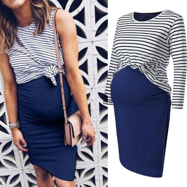 

maternity women round neck stripe dresses women pregnant maternity o-neck long sleeve stripe two-piece set dress sukienki, White