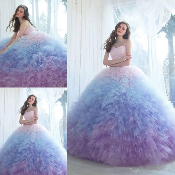 

ombre ball gown quinceanera dresses sweetheart neckline prom gowns chapel length tulle ruffled sweet 16 dress, Blue;red