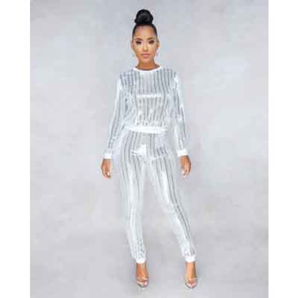 

женская дизайнерская повседневный outfit ночной клуб дамы sexy блестки с длинным рукавом multicolor костюм тенденции моды высокого качества, White