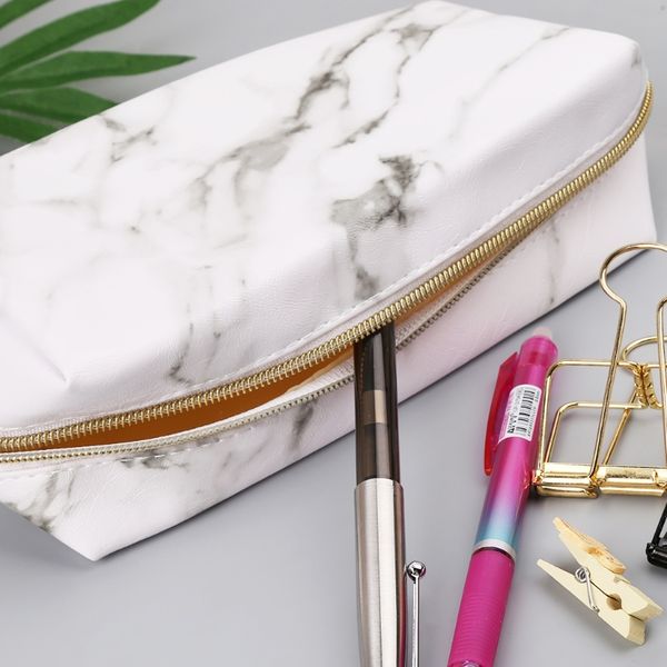 

large cute pencil case pen box zipper bags marble makeup storage supplies x6ha