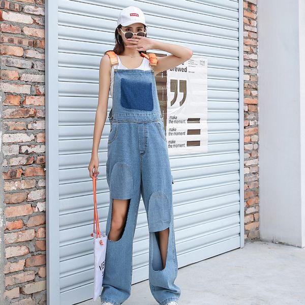 

large size tide denim suspenders jumpsuit 2020 summer new style fashion hole loose wide legs denim suspenders women new, Blue