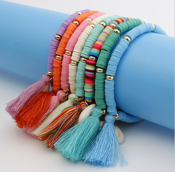 

2020 designer shell bracelet popular bohemian shellfish rainbow ornaments colorful soft pottery hand string shell tassel bracelet, Slivery;golden