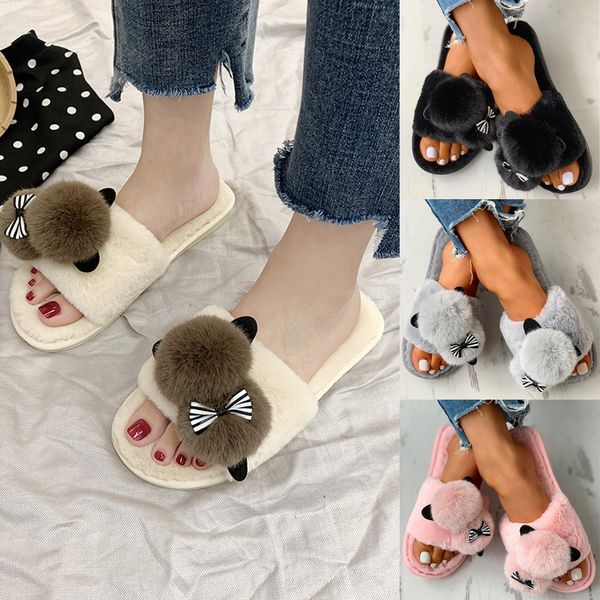

women's home slipper winter non-slip flat open toe shoes casual house slippers women slippers winter fluffy house shoes, Black