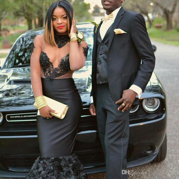 

2019 elegant sheer high neck mermaid prom dresses see through lace appliques beaded prom gowns formal party dress custom made, Black