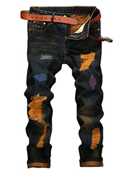 

ytd mens distressed ripped biker slim jeans stretched moto denim pants, Blue