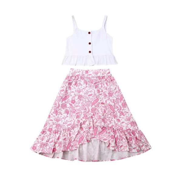 

3-7years sweet infant baby girl clothes sling ruffle vest flower dress outfits set, White