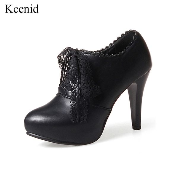 

kcenid plus size 33-46 new mature fashion high heel autumn winter shoes woman lace-up office lady shoes platform pumps black