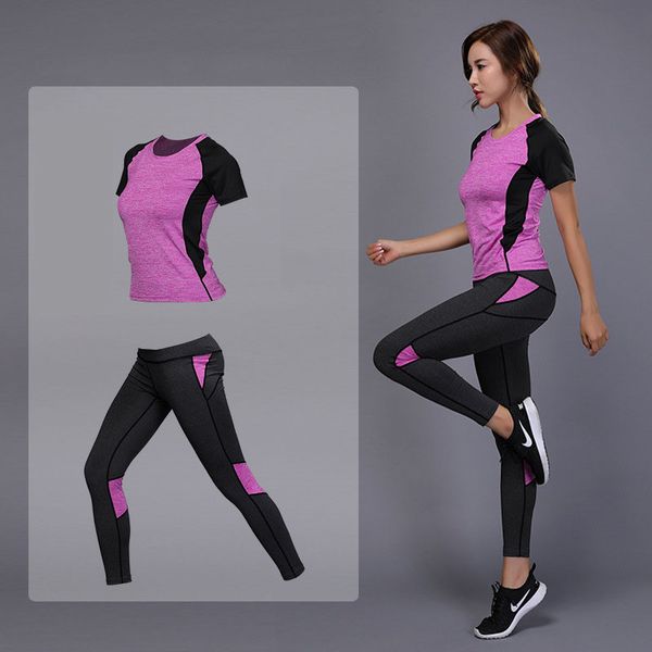 

2pcs women running t-shirt gym shirts fitness tennis pants quick dry tight workout shirts leggings sport suit yoga top, Black;blue