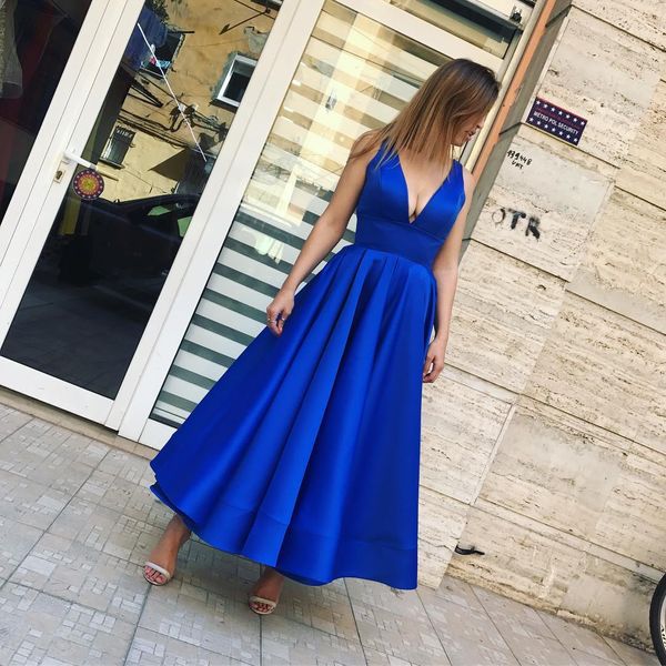 

classic a line satin prom dresses royal blue deep v neck sleeveless ankle length evening formal dress plus size, Black