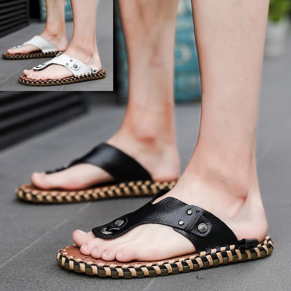 

slippers for men beach men's slipper british summer non slip walking slippers outdoor men shoes rome handmade leather flip flop, Black