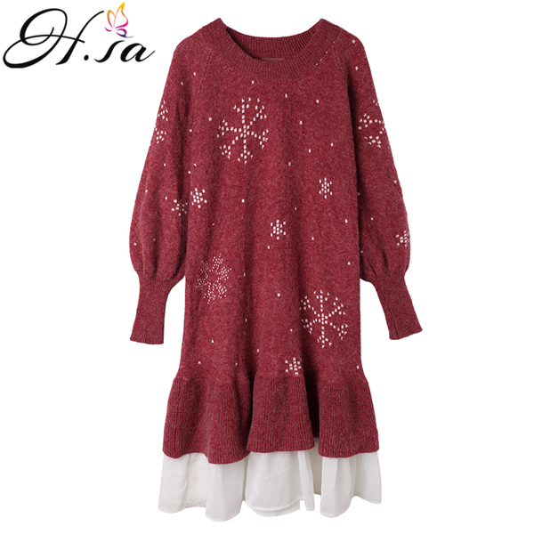 

h.sa women long sweater dress 2020 patchwork ruffles knit sweaters pullover long knit jumpers snowflake sweater loose, White;black