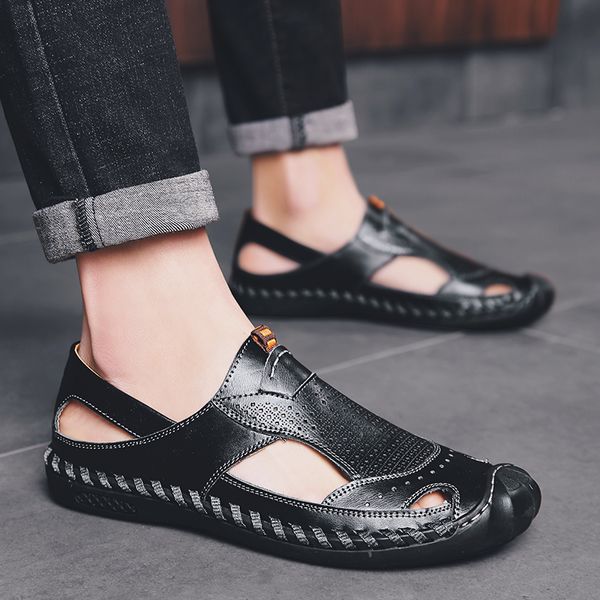 

fashion 2020 trend men genuine leather sandals slippers male breathable summer beach sandals casual men shoes big size 38-46, Black