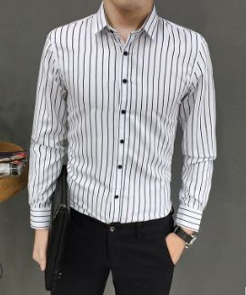

2020 spring new men's long sleeve casual business non iron slim print shirt korean youth stripe shirt, White;black