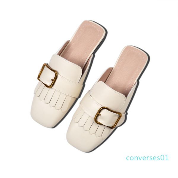 

tassel metal square buckle slippers women outdoor breathable leather mules woman autumn low heel slides woman mules shoes co01, Black