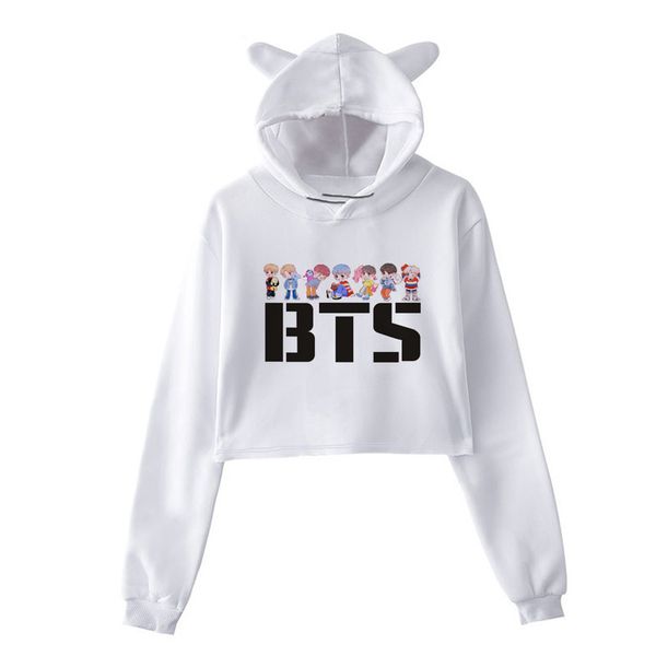 

hoodie for women cute cats ear hood long sleeve crop short hooded sweatshirts 3 type prints kpop clothes, Black