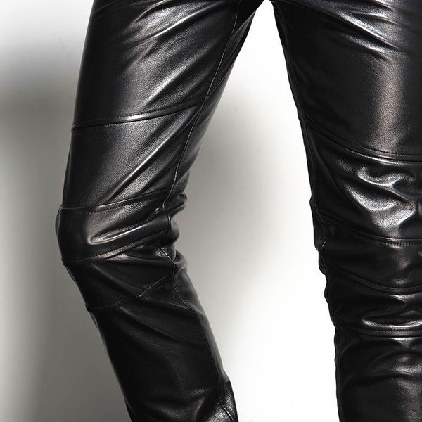 

италия mens из натуральной кожи тощий плюс размер мотоцикла байкер slim fit мужской toursers rock 100% real коровьей карандаш штаны, Black