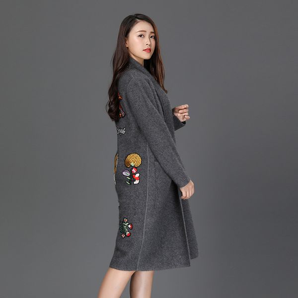 

danjeaner 2018 winter coat women wide lapel belt pocket wool blend embroidery coat oversize long trench outwear wool coats, Black;white
