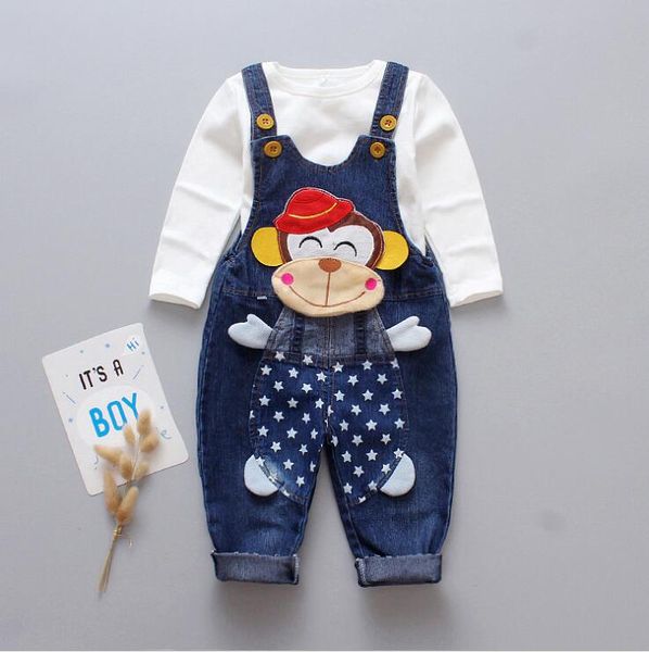 

2019 spring and autumn new children's suit denim bib pants trousers two sets of casual suspenders factory straight, White