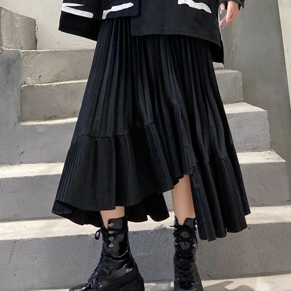 

imucci 2020 spring street style ruffled half-length pleated skirt high waist loose fashion irregular pleated skirt tide tm1041, Black