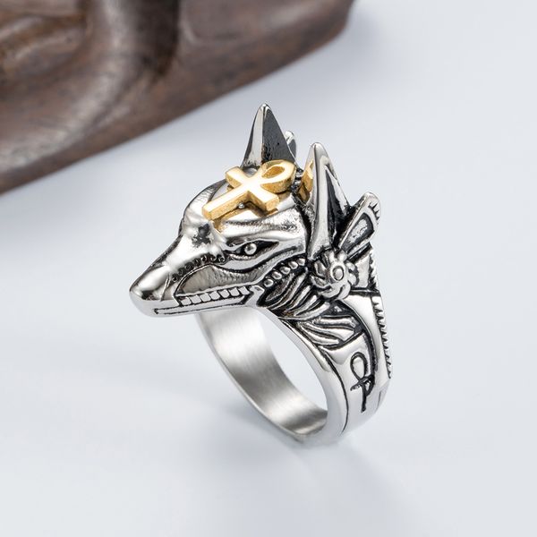 

retro anubis god self-defense broken window titanium steel ring ancient egyptian death wolf head men's jewelry wholesale ing, Silver