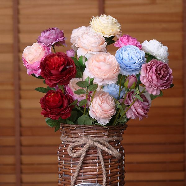 

10pcs/lot 3 heads rose european artificial peony silk flowers for home decor wedding fake flowers wall wreath decoration