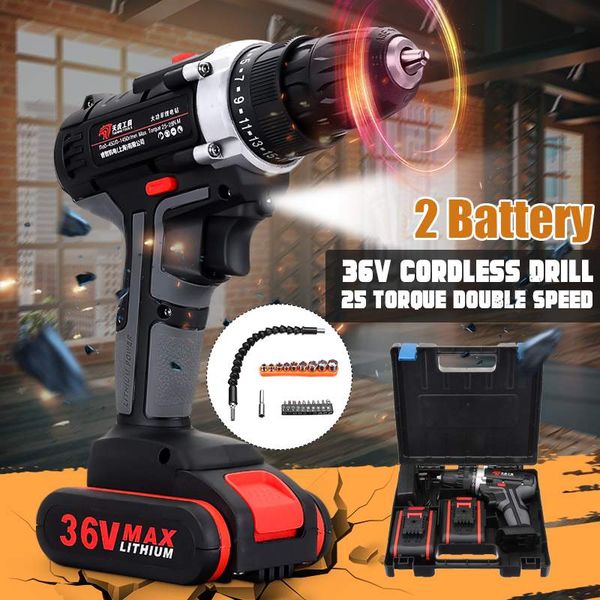 

36v cordless drill double speed adjustment led lighting w/2 battery 25-speed torque adjustment 0-350r/min, 0-1150r/min