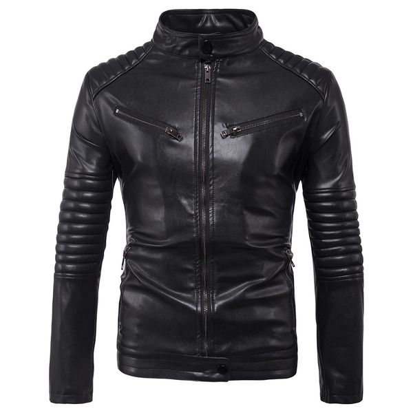 

2019 new men's leather jacket stand collar coat male motorcycle leather jacket casual slim clothing, Black