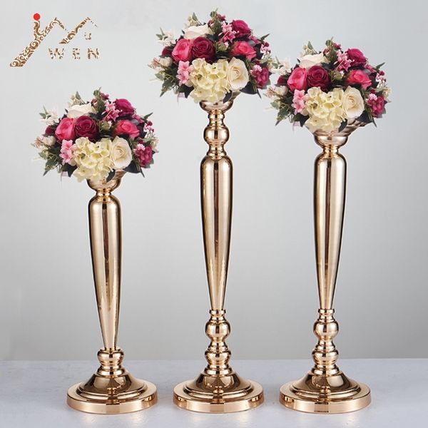 

10 pcs/lot classic metal golden candle holders wedding table road lead event party centerpiece flower vase rack home decoration