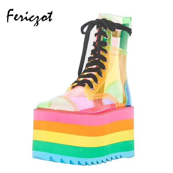 

fericzot round toe rainbow color mixed lace up boot women super high platform heel fashion clear boot women casual, Black