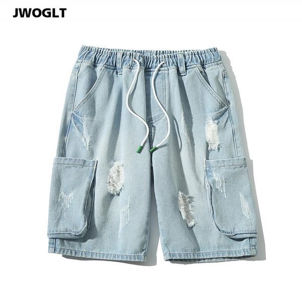 

summer streetwear mens blue denim shorts hole ripped cargo mulit-pocket drawstring waist jeans shorts 4xl 5xl