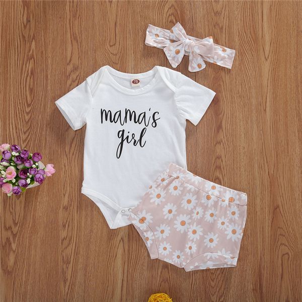 

2020 summer infant toddler baby girls clothes set cotton short sleeve letter bodysuit+floral shorts headband sets 3pcs, White