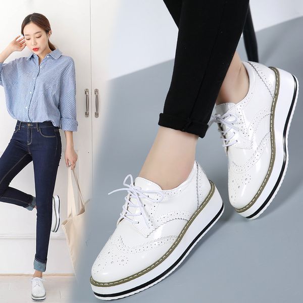 

spring new women platform shoes woman brogue derby genuine leather flats footwear fashion lace up ladies casual oxford shoes, Black