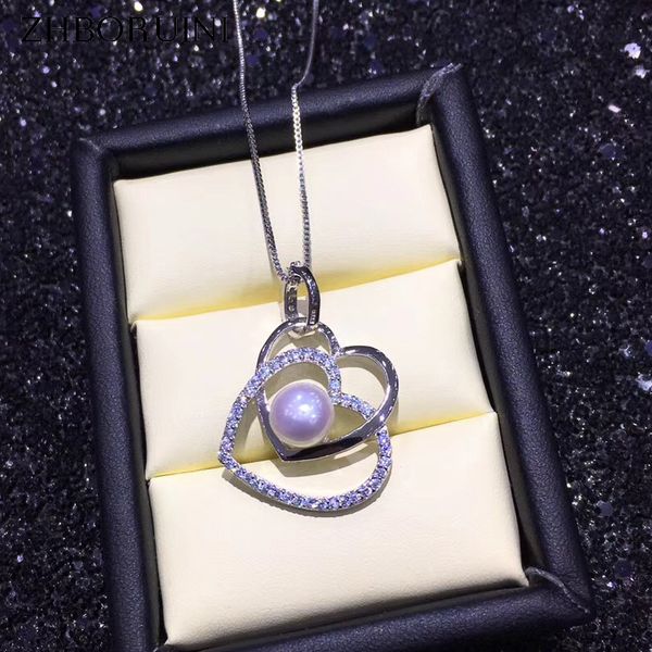 

zhboruini pearl jewelry design double heart necklace 925 sterling silver jewelry for women freshwater pearl pendant love chain
