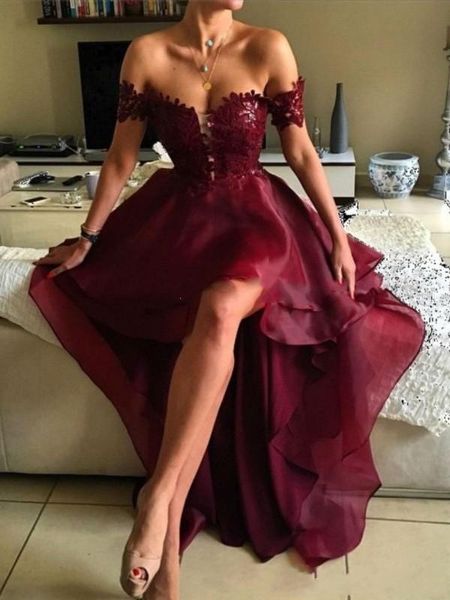 

2020 new luxury burgundy prom dresses off shoulder lace appliques open back plus size high low formal party dress pageant evening gowns, Black