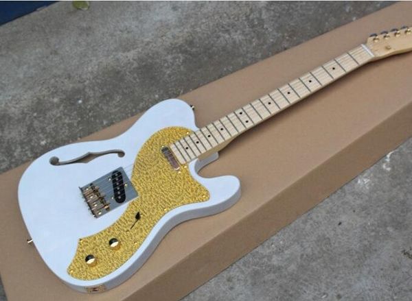 

бесплатная доставка белые полуакустические гитар золотой накладка, maple гриф, gold оборудования, может быть изменена как вы запрашиваете