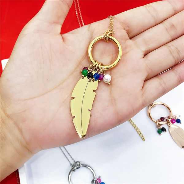 

stainless steel fashion colorful bead necklace pendant feather necklace long sweater chain jewelry choker for women wedding gift, Silver