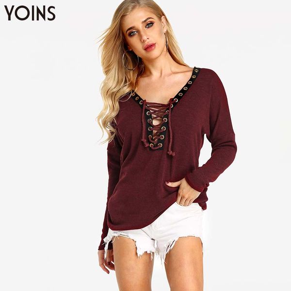 

yoins 2019 spring autumn women winter blouses and shirts deep v-neck lace-up crossed front long sleeves blouse casual elegant, White