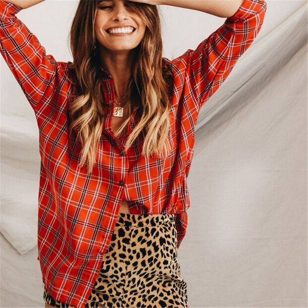 

women fashion long sleeve oversized blouse vintage ladies check plaid casual shirts turn down collar button down blouse hot, White