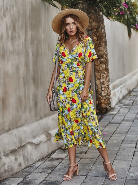 

2020 a line short sleeve yellow new summer medium long print dress women dresses beach style ruffles v-neck short sleeve dress, Black;gray