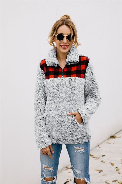 

женщины зима осень с длинным рукавом руно hoodie lattice сращивания sherpa пуловеры фуфайки v-образным вырезом на молнии свитера длинным рук, Black